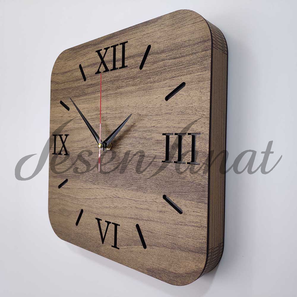Özel Seri Minimalist Ahşap Kare Saat Roma Rakamlı - Sütlü Kahve