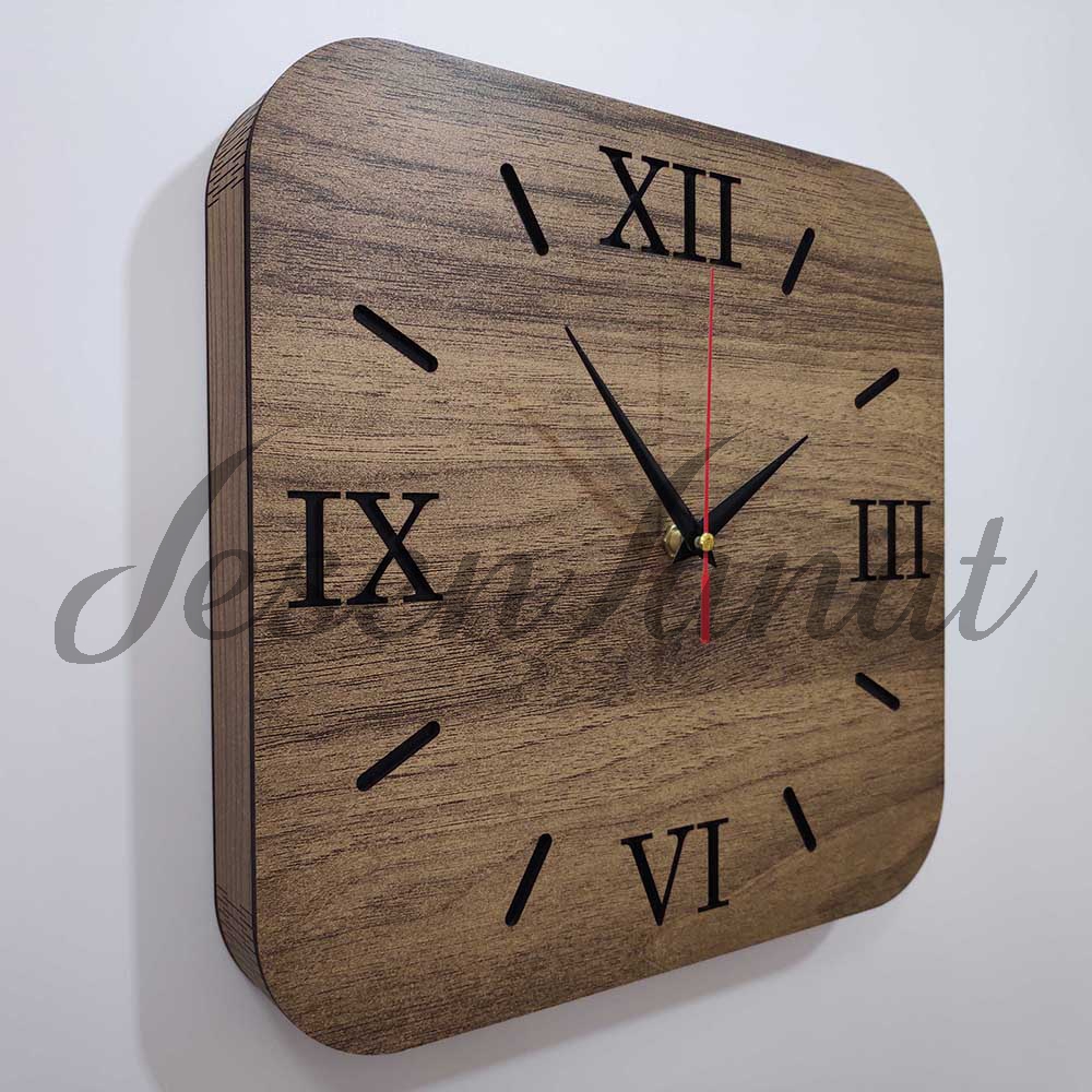 Özel Seri Minimalist Ahşap Kare Saat Roma Rakamlı - Sütlü Kahve