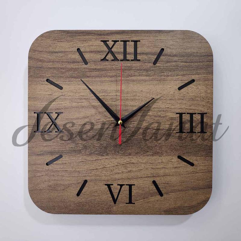 Özel Seri Minimalist Ahşap Kare Saat Roma Rakamlı - Sütlü Kahve