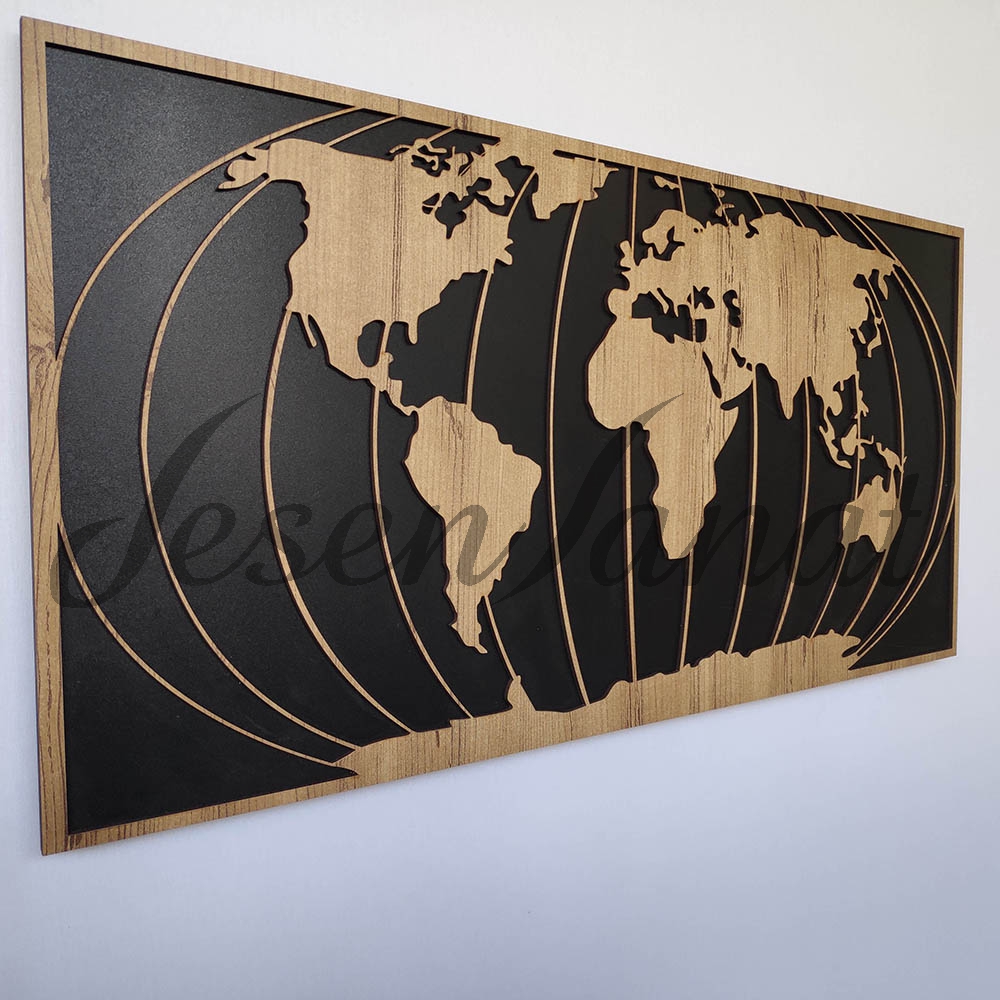 Dekoratif Modern Dünya Haritası Duvar Tablosu V1 - Sütlü Kahve