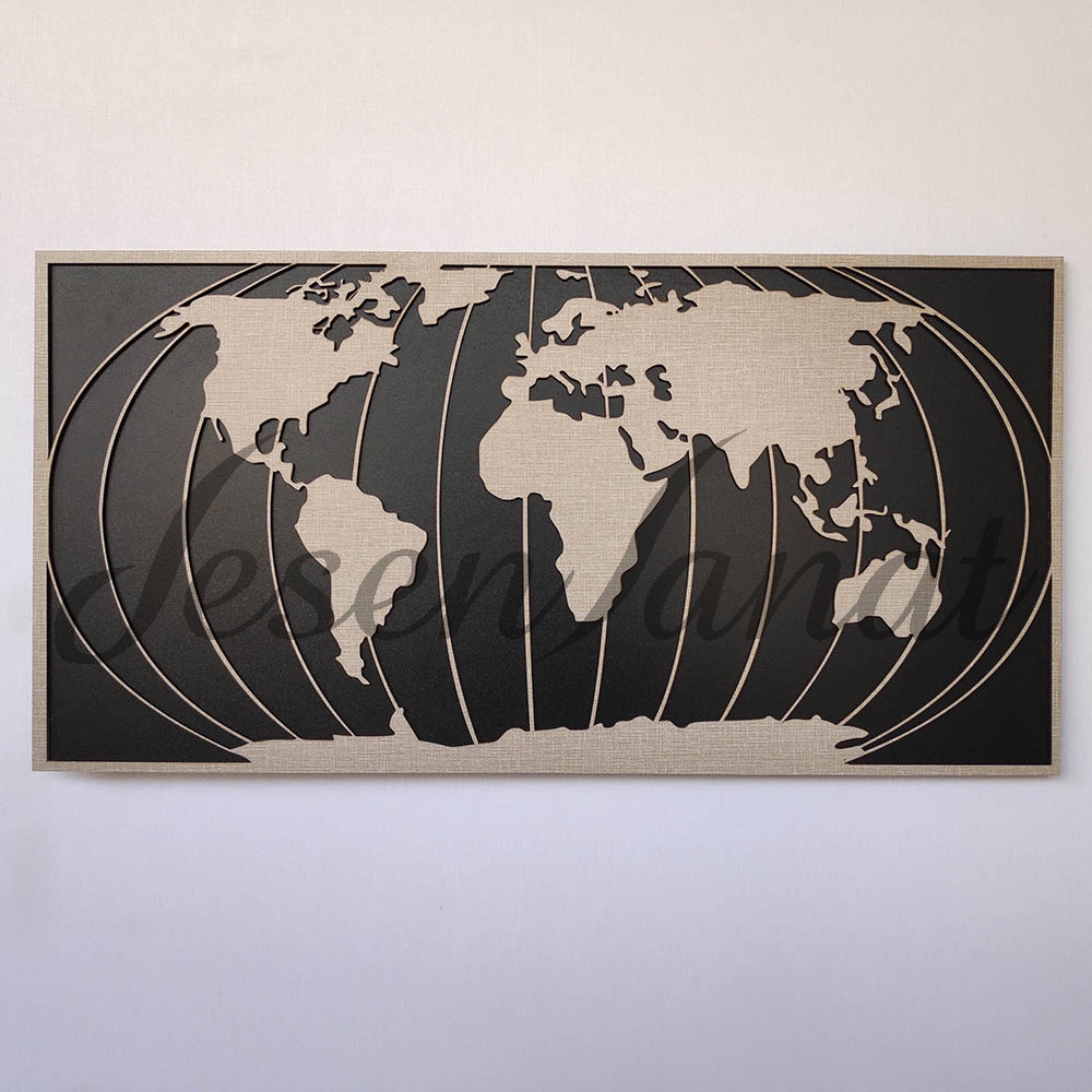 Dekoratif Modern Dünya Haritası Duvar Tablosu V1 - Dokulu Gri
