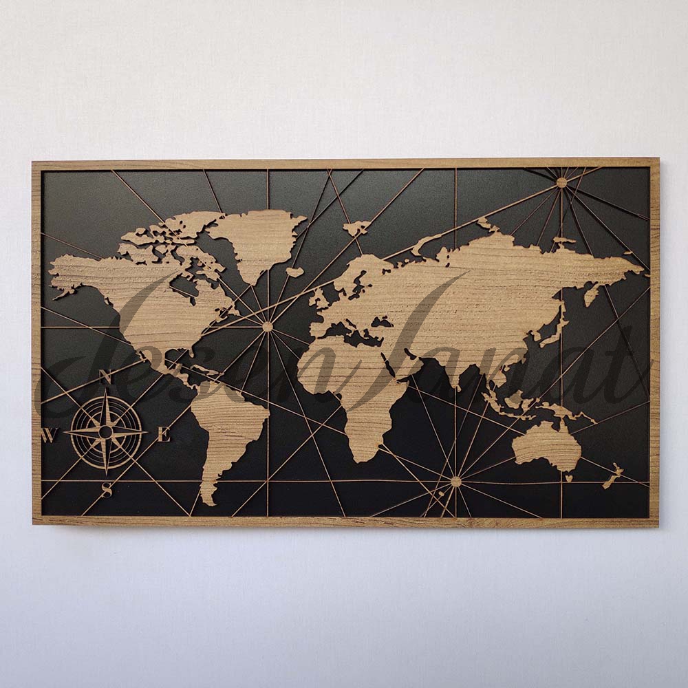 Dekoratif Modern Dünya Haritası Duvar Tablosu V3 - Sütlü Kahve