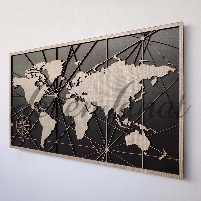 Dekoratif Modern Dünya Haritası Duvar Tablosu V3 - Dokulu Gri
