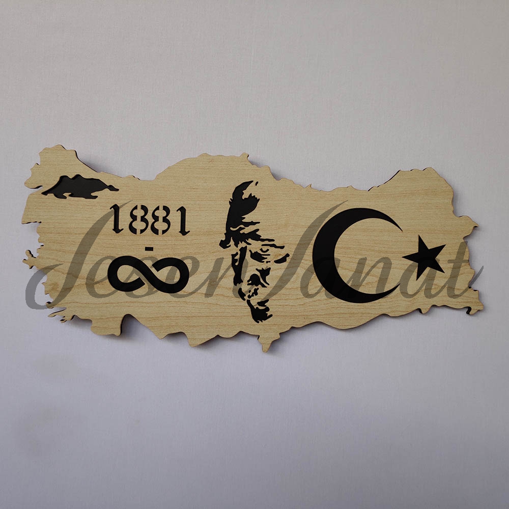 Dekoratif Modern Türkiye Haritası - Atatürk Silüeti Duvar Tablosu - Akçaağaç