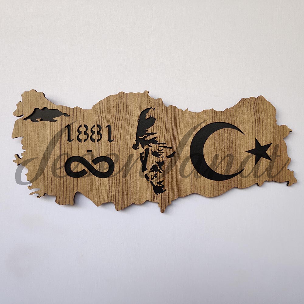 Dekoratif Modern Türkiye Haritası - Atatürk Silüeti Duvar Tablosu - Sütlü Kahve