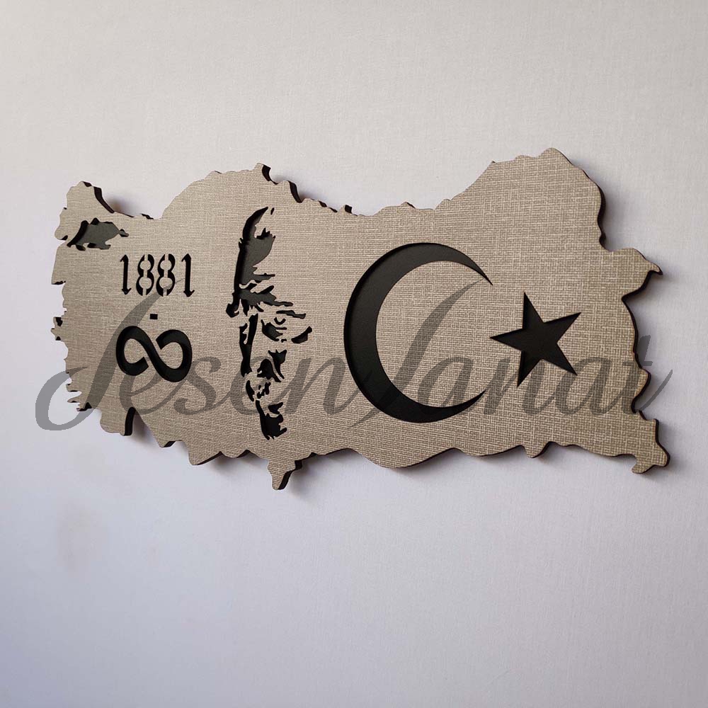 Dekoratif Modern Türkiye Haritası - Atatürk Silüeti Duvar Tablosu - Dokulu Gri